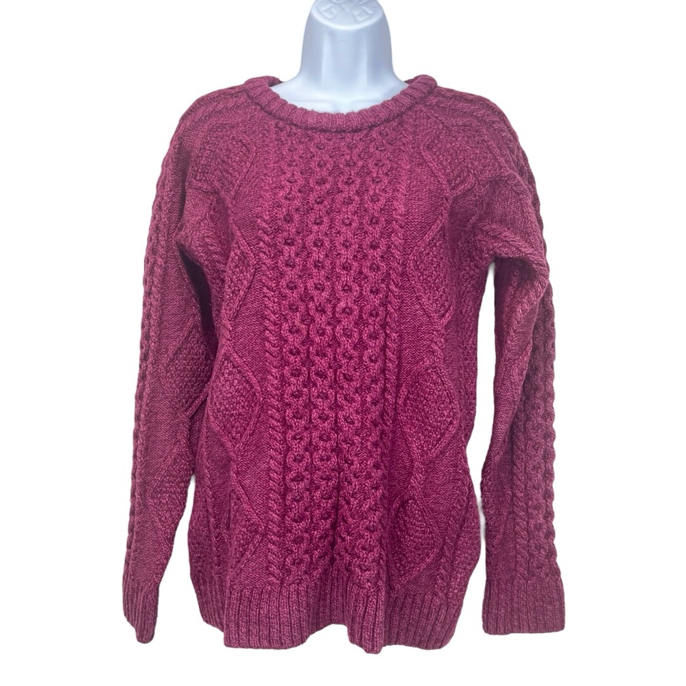 Blarney Women Large‎ Irish Aran Wool Sweater Plum Cable Knit Ireland Crewneck